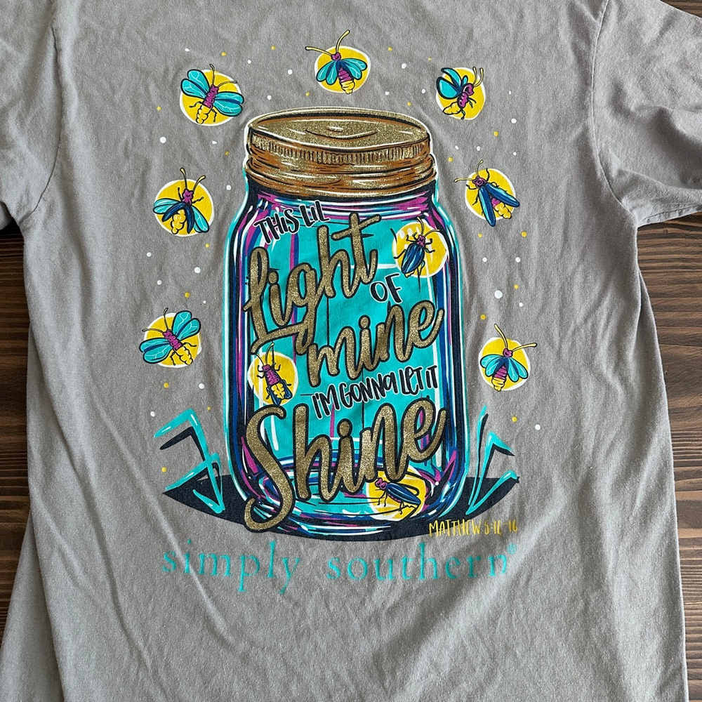 Simply Southern Graphic Tee Womens M Gray Firefly Mason Jar Matthew 5:16